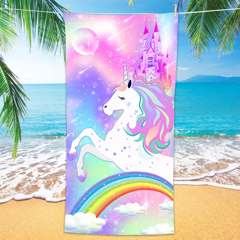 Bonsai Tree Unicorn Microfiber Beach Towel, Rainbow Kids Quick Dry Beach Blanket Oversized Clearance 30" x 60", Magic Castle Cute Sand Proof Bath Towels for Girls Travel - Image 1